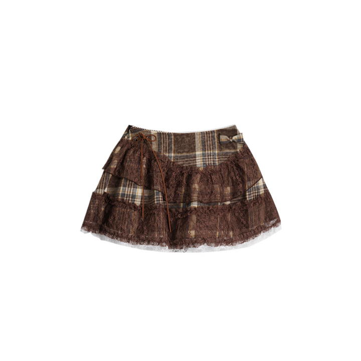 Plaid Asymmetry Lace Ribbon Mini Skirt