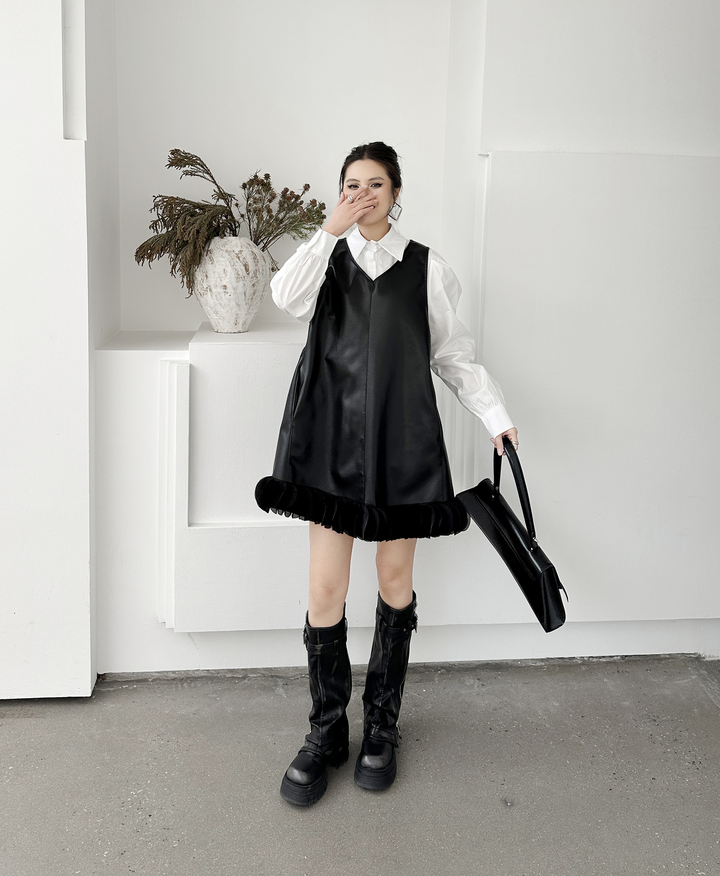 Puff sleeve collar shirt & PU leather v-neck onepiece