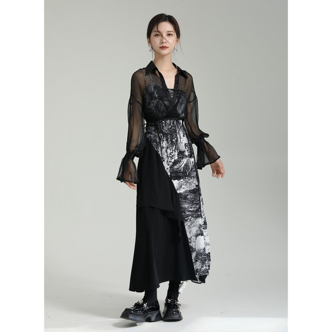 Shirring Sleeve Seer Shirt & Asymmetry Flare Print Camisole Onepiece ¥6,480 / ¥8,980