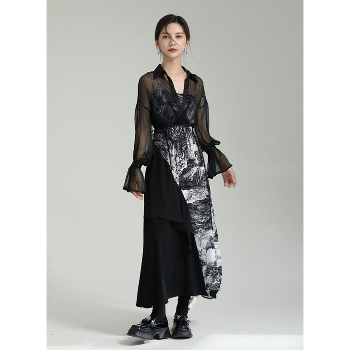 Shirring Sleeve Seer Shirt & Asymmetry Flare Print Camisole Onepiece ¥6,480 / ¥8,980