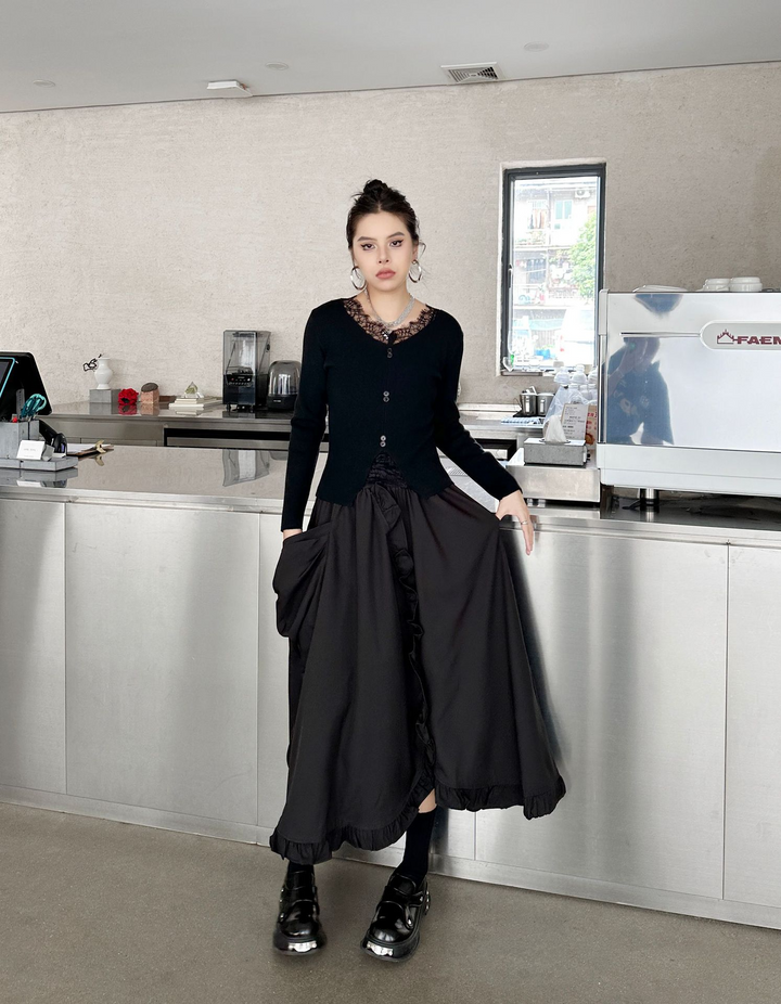 Large pocket asymmetric frill high waist skirt