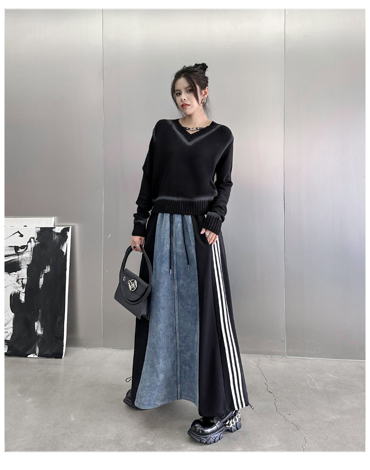 Denim patchwork striped a-line skirt