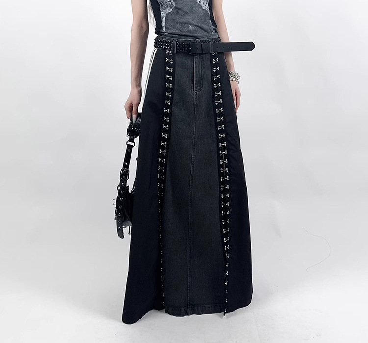 Side line hook denim A-line skirt