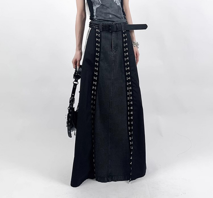 Side line hook denim A-line skirt