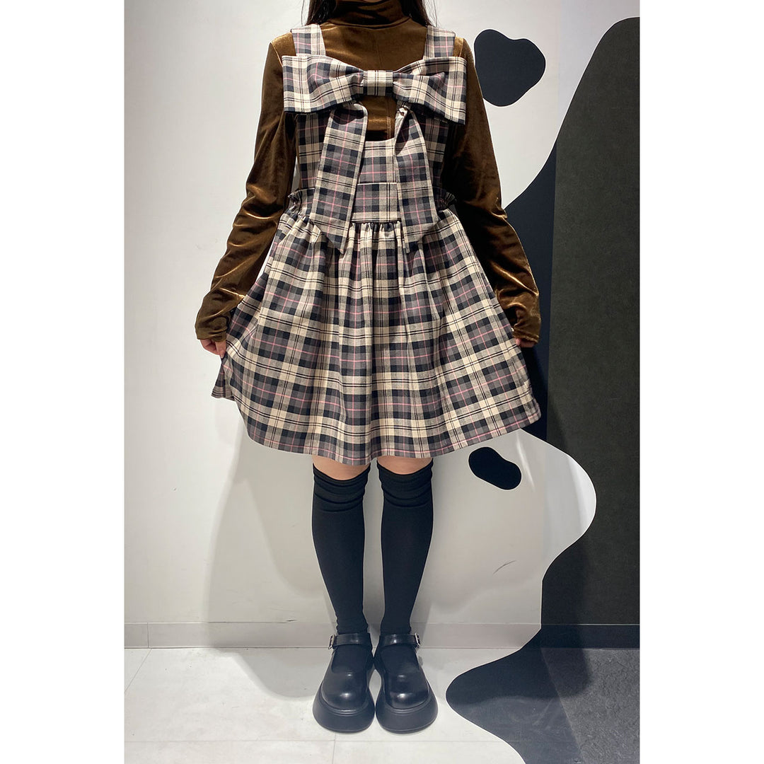 Front ribbon sleeveless onepiece (Beige Check) ¥8,980 / ¥9,480