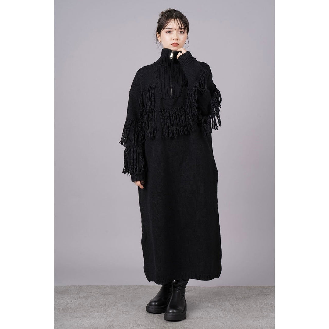 High Neck Fringe Zipper Knit Onepiece