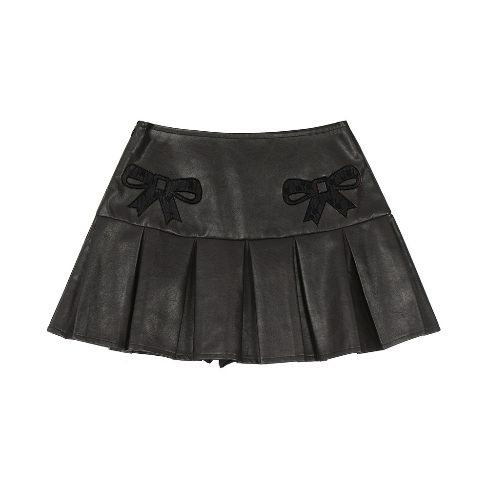 Sweet ribbon PU leather skirt