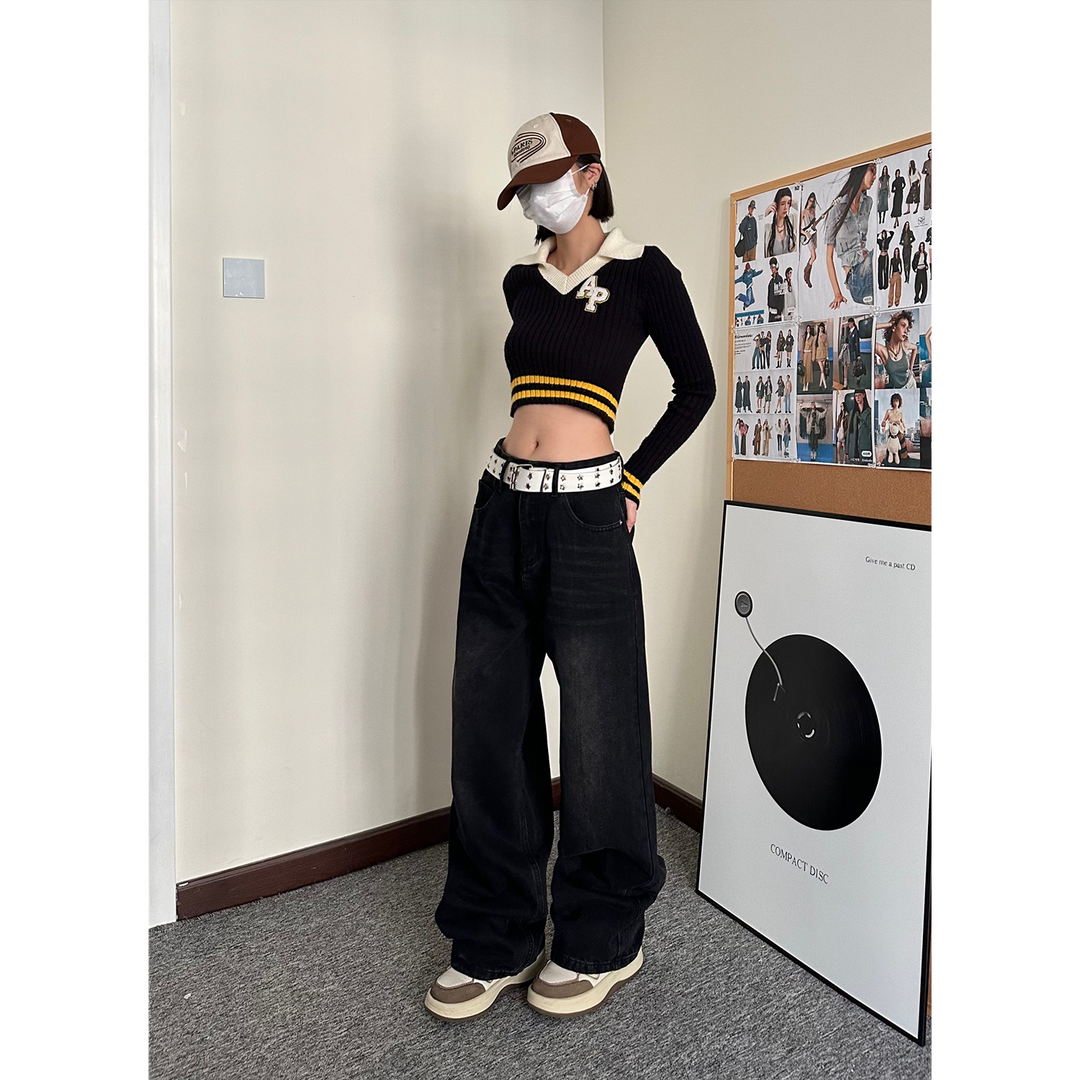 Carmour denim retro color wide-leg pants