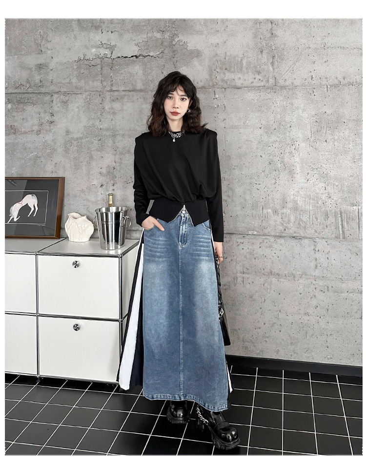 Washed patchwork denim side skirt