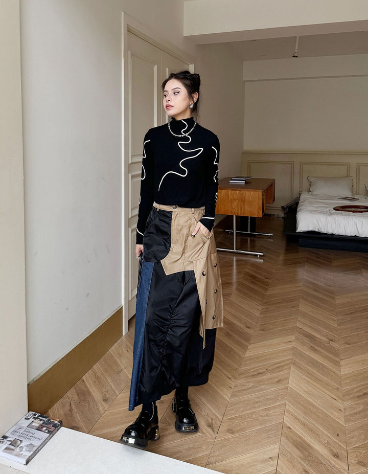 Wash denim patchwork A line skirt