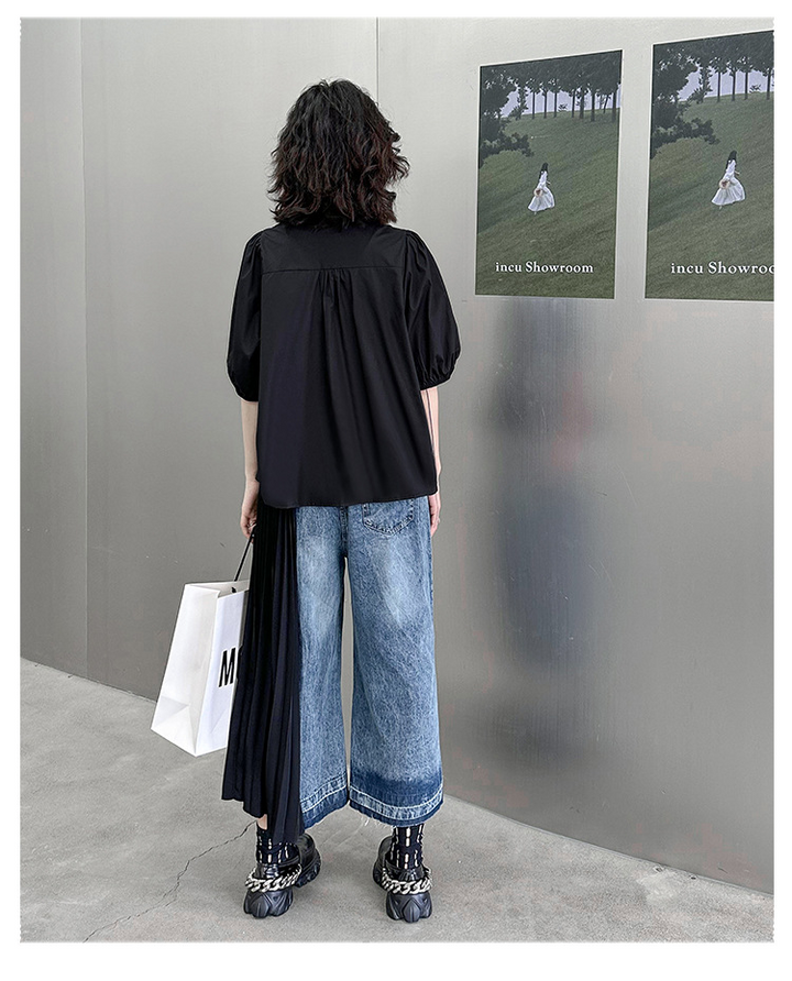 Contrast color patchwork pleated jeans