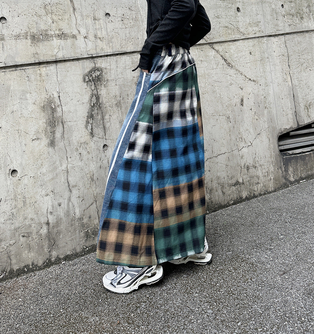 Patchwork plaid high waist A-line denim skirt