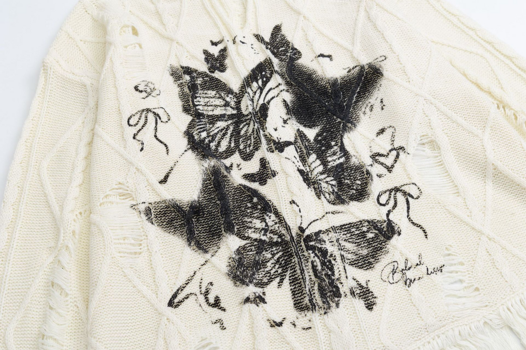 Butterfly Print Knit Pullover Sweater