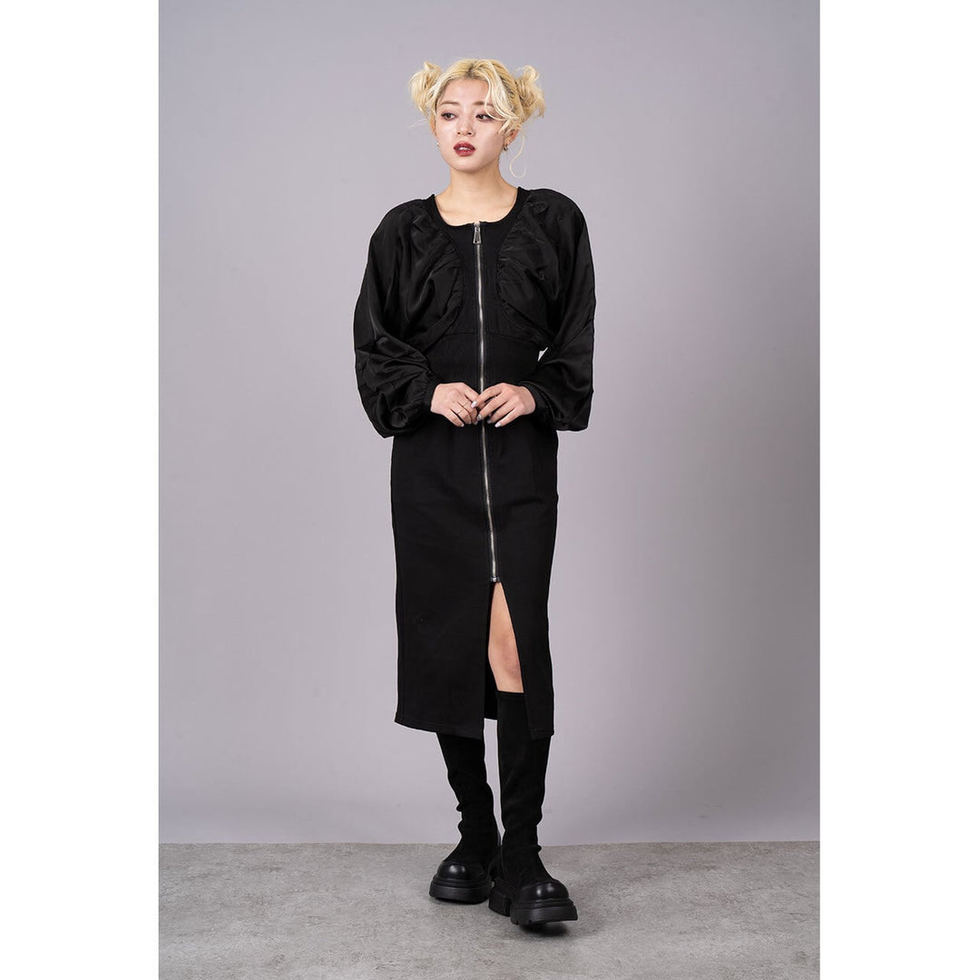 Gathered Sleeve Zipper Tight Onepiece