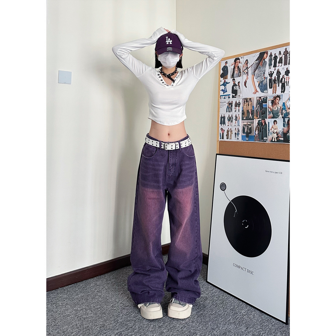 Carmour denim retro color wide-leg pants