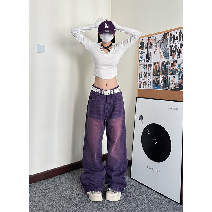 Carmour denim retro color wide-leg pants