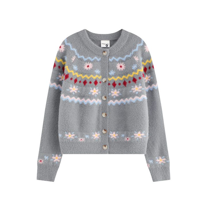 Pattern design crew neck knit cardigan