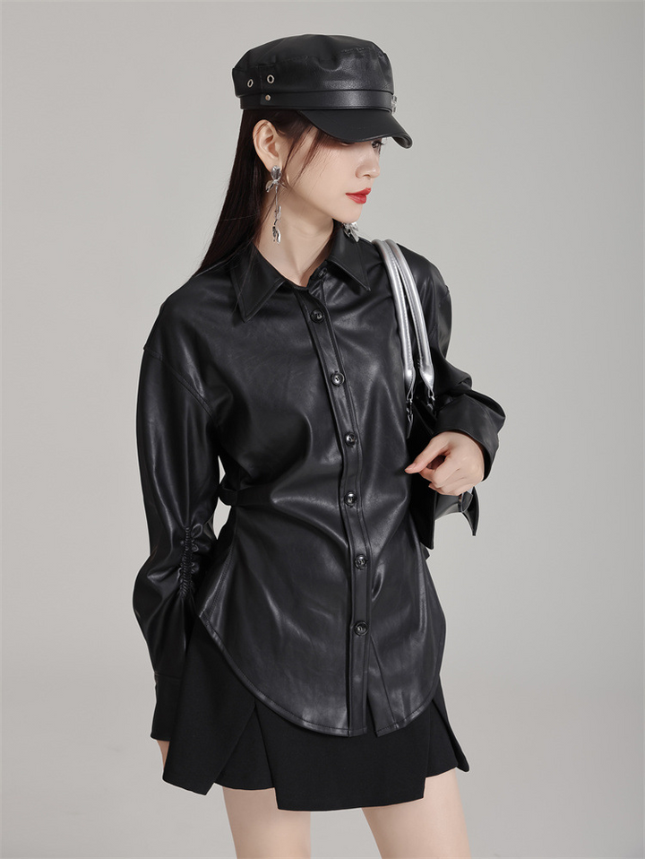 Side Tuck PU Leather Shirt