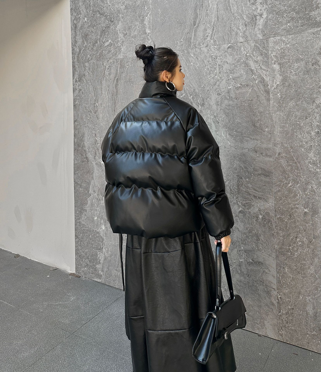 PU leather stand collar padded short volume down jacket