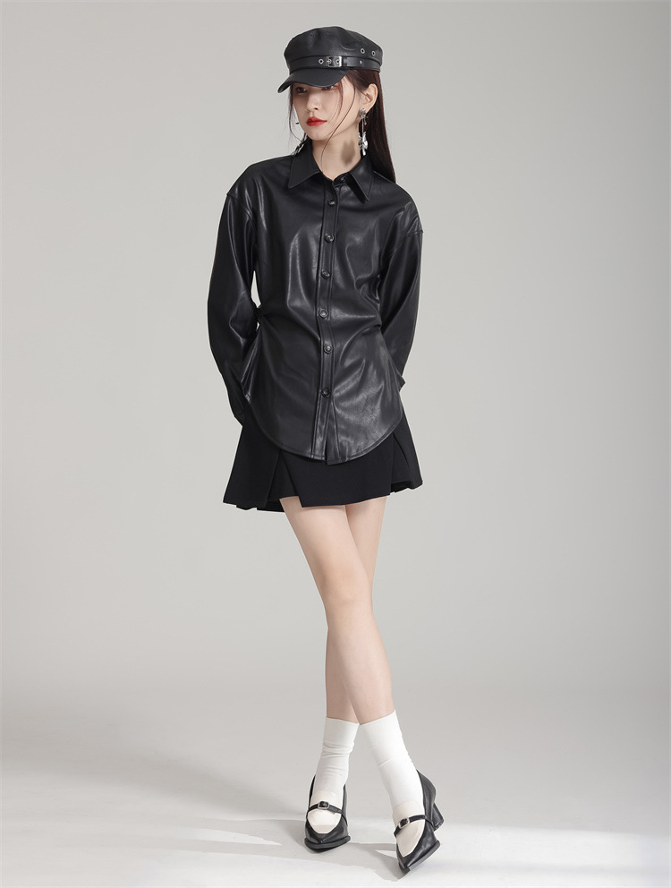Side Tuck PU Leather Shirt