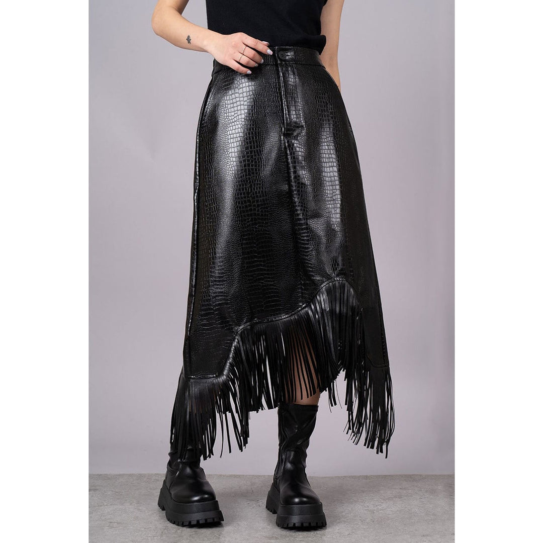 Embossed PU Leather Asymmetry Fringe Skirt