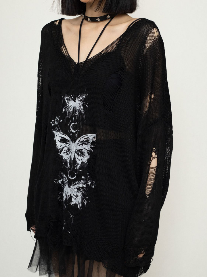 Butterfly Loose Damage V-neck Knit