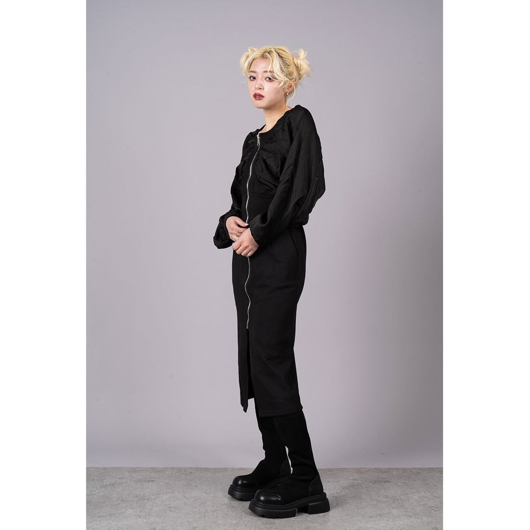 Gathered Sleeve Zipper Tight Onepiece