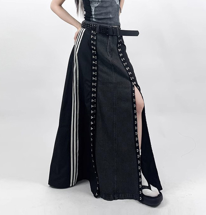 Side line hook denim A-line skirt