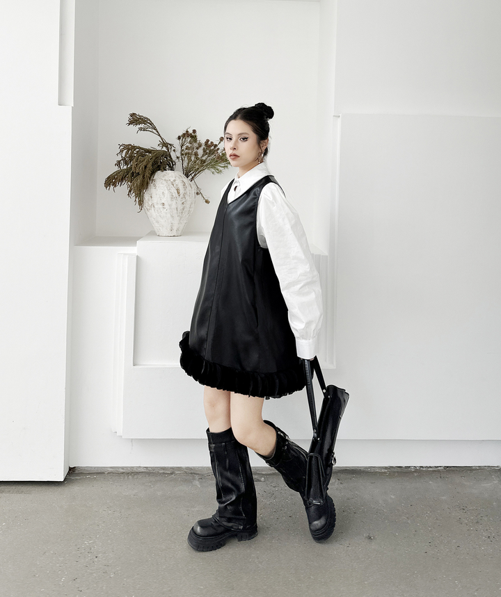 Puff sleeve collar shirt & PU leather v-neck onepiece