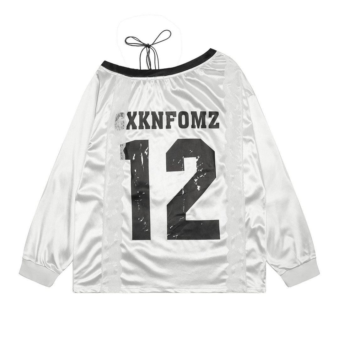 Numbering Lace Ribbon Long Sleeve Tops