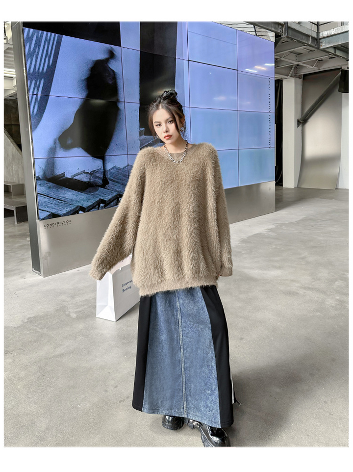 Denim patchwork striped a-line skirt