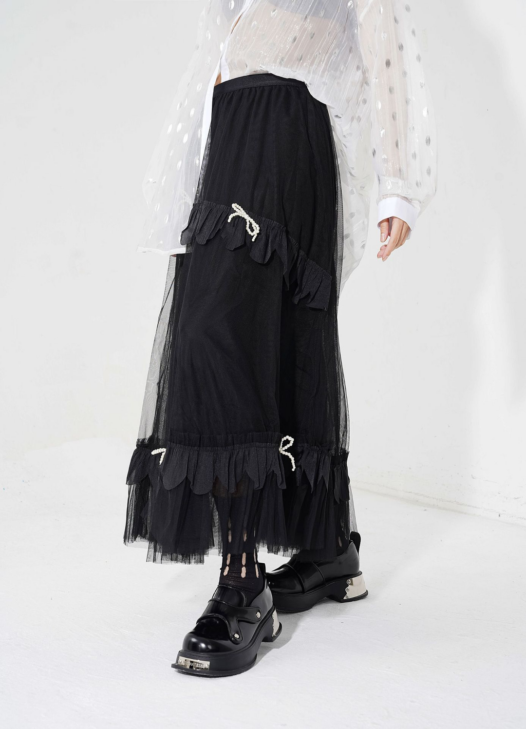Layered tulle ribbon long skirt