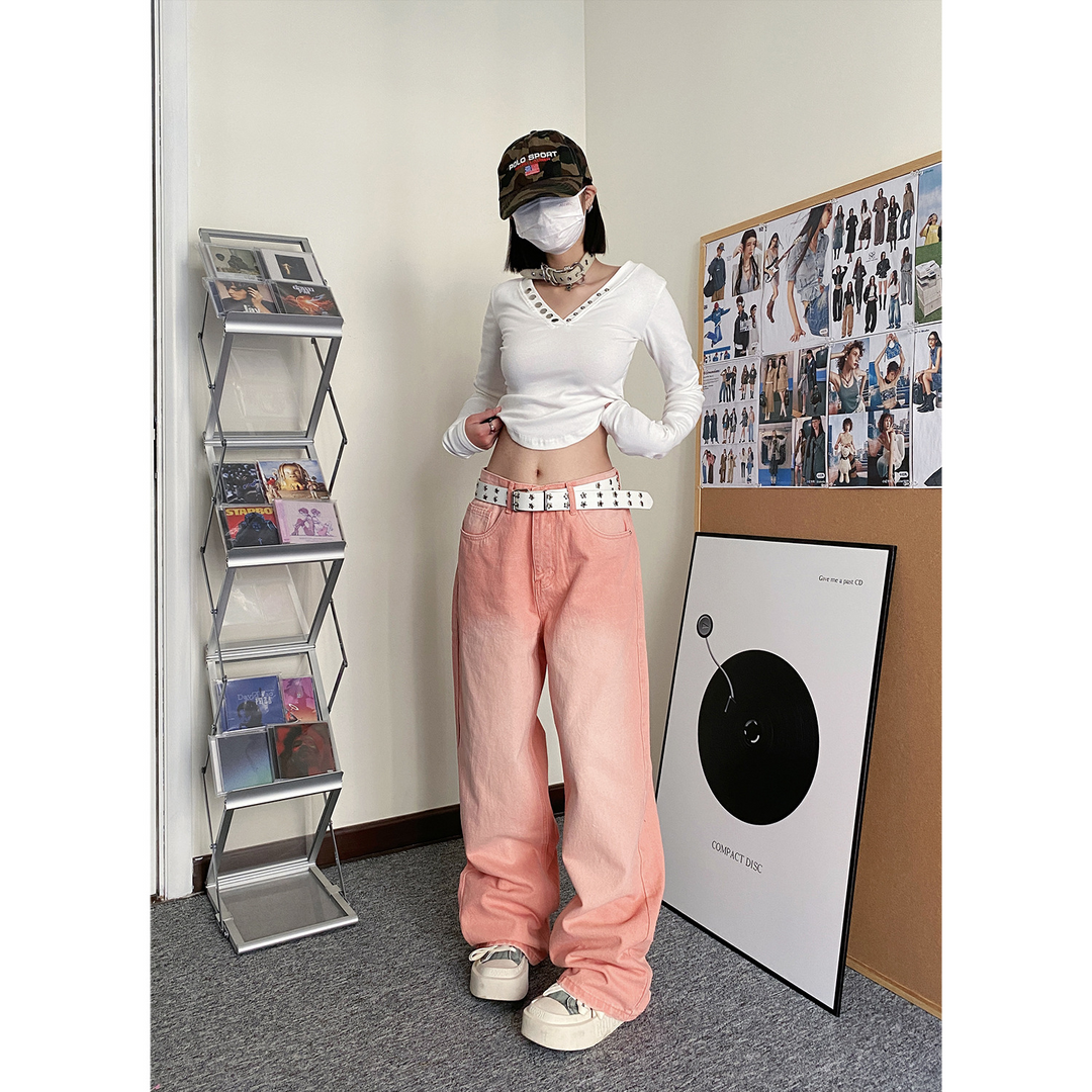 Carmour denim retro color wide-leg pants