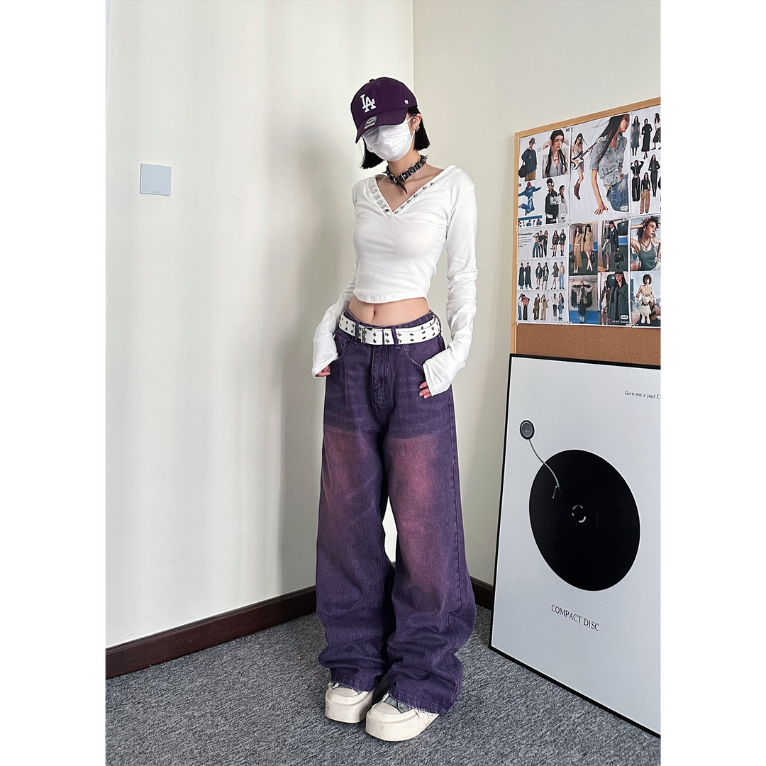 Carmour denim retro color wide-leg pants