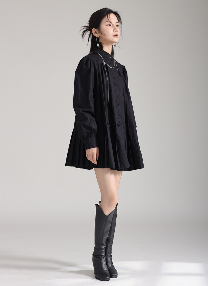 Stand Collar Pleats Long Shirt