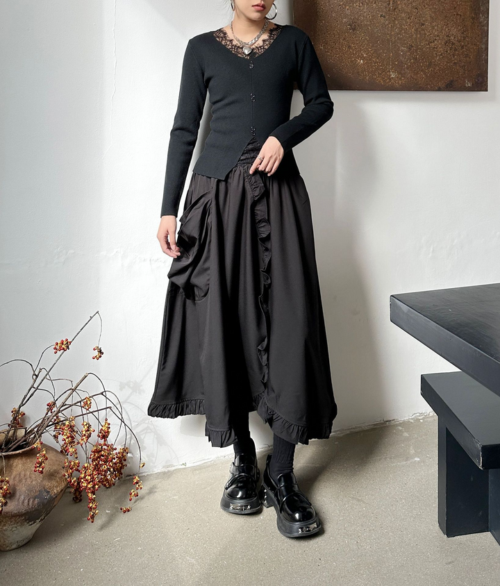 Large pocket asymmetric frill high waist skirt