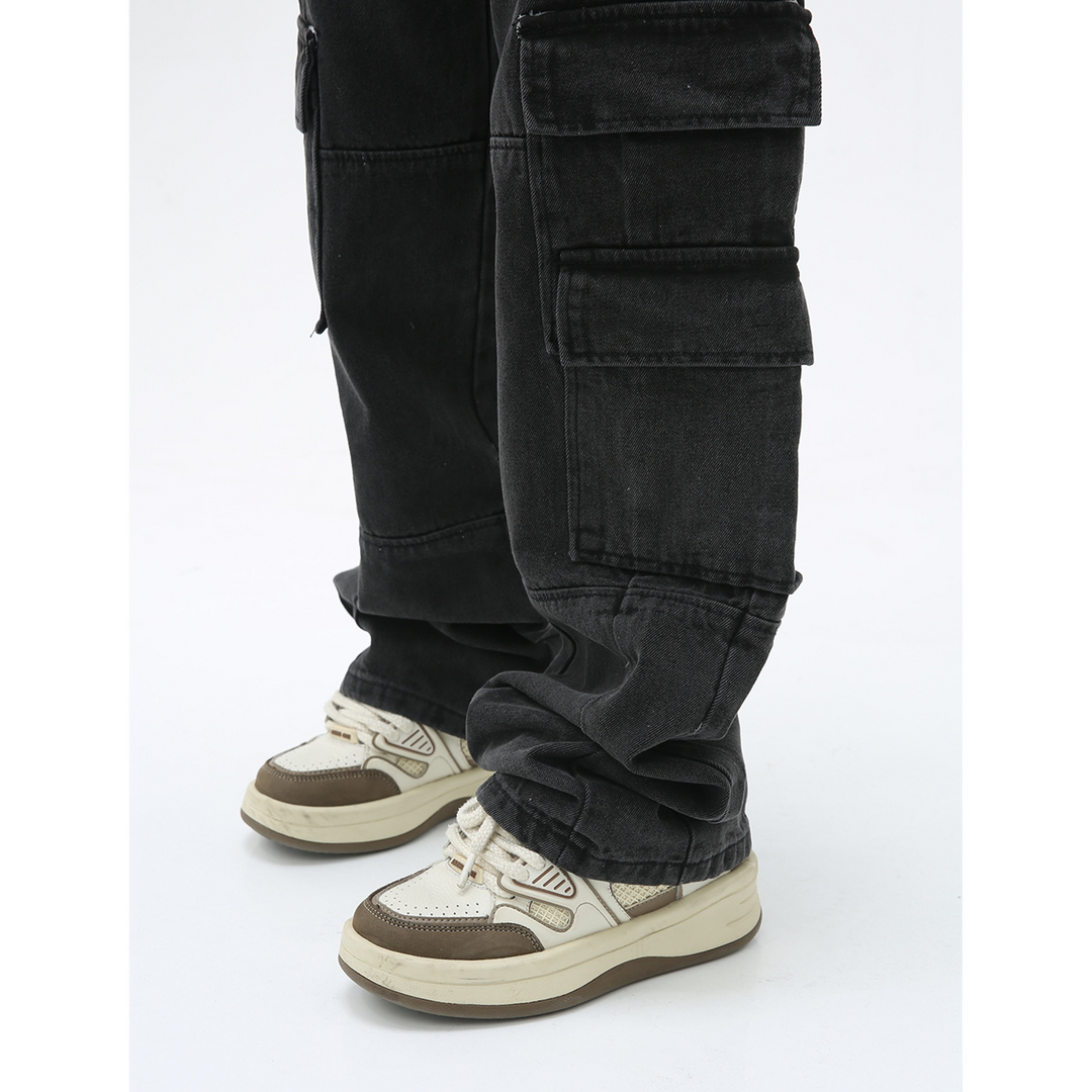 Water-washed loose-fitting wide jeans