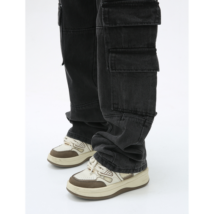 Water-washed loose-fitting wide jeans