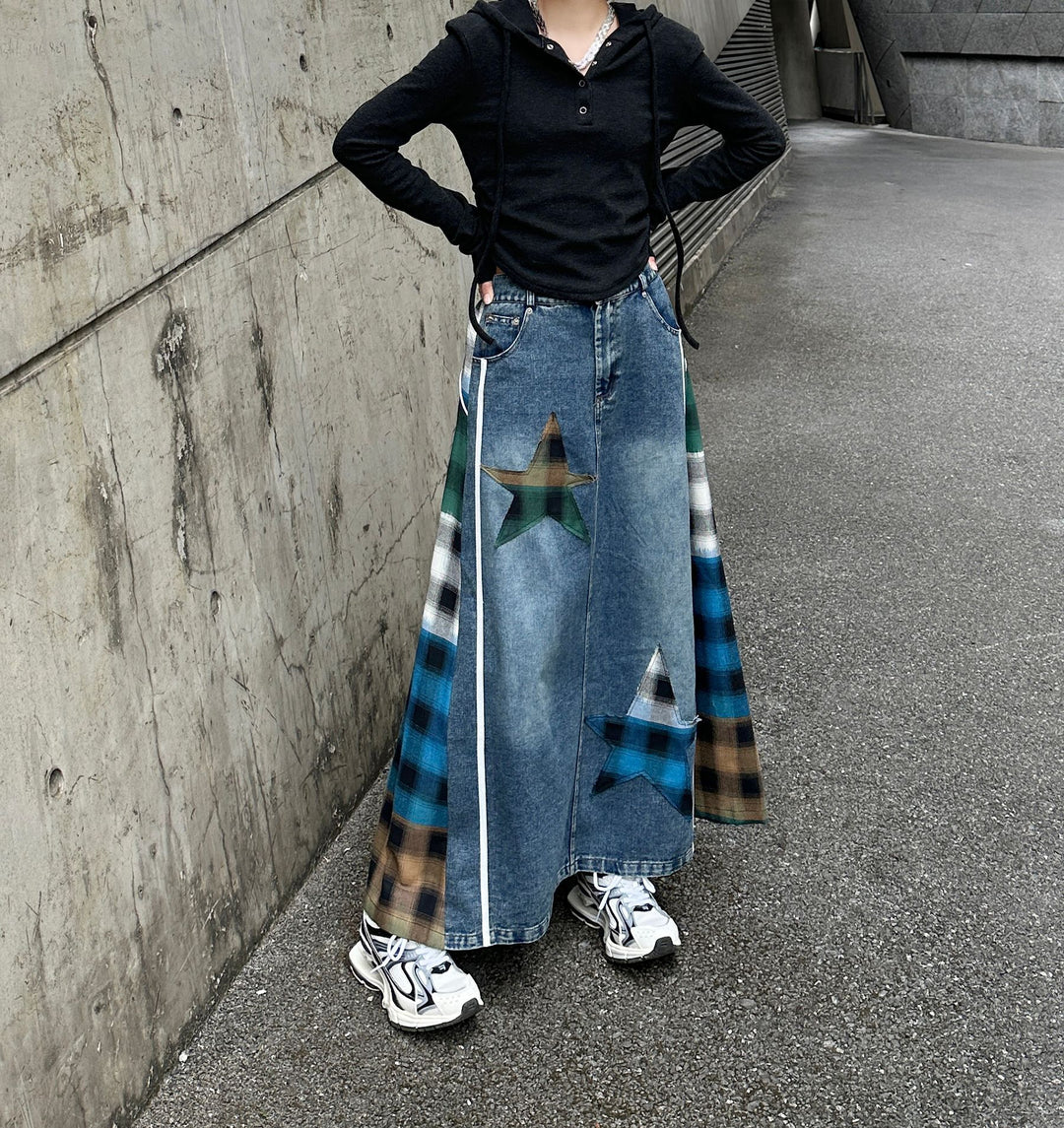 Patchwork plaid high waist A-line denim skirt