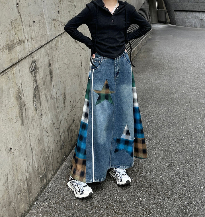 Patchwork plaid high waist A-line denim skirt