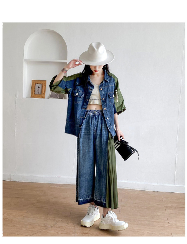 Contrast color patchwork pleated jeans