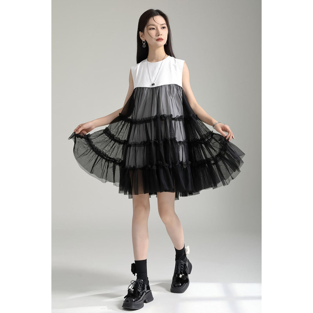Tulle Tiered Sleeveless Long Blouse