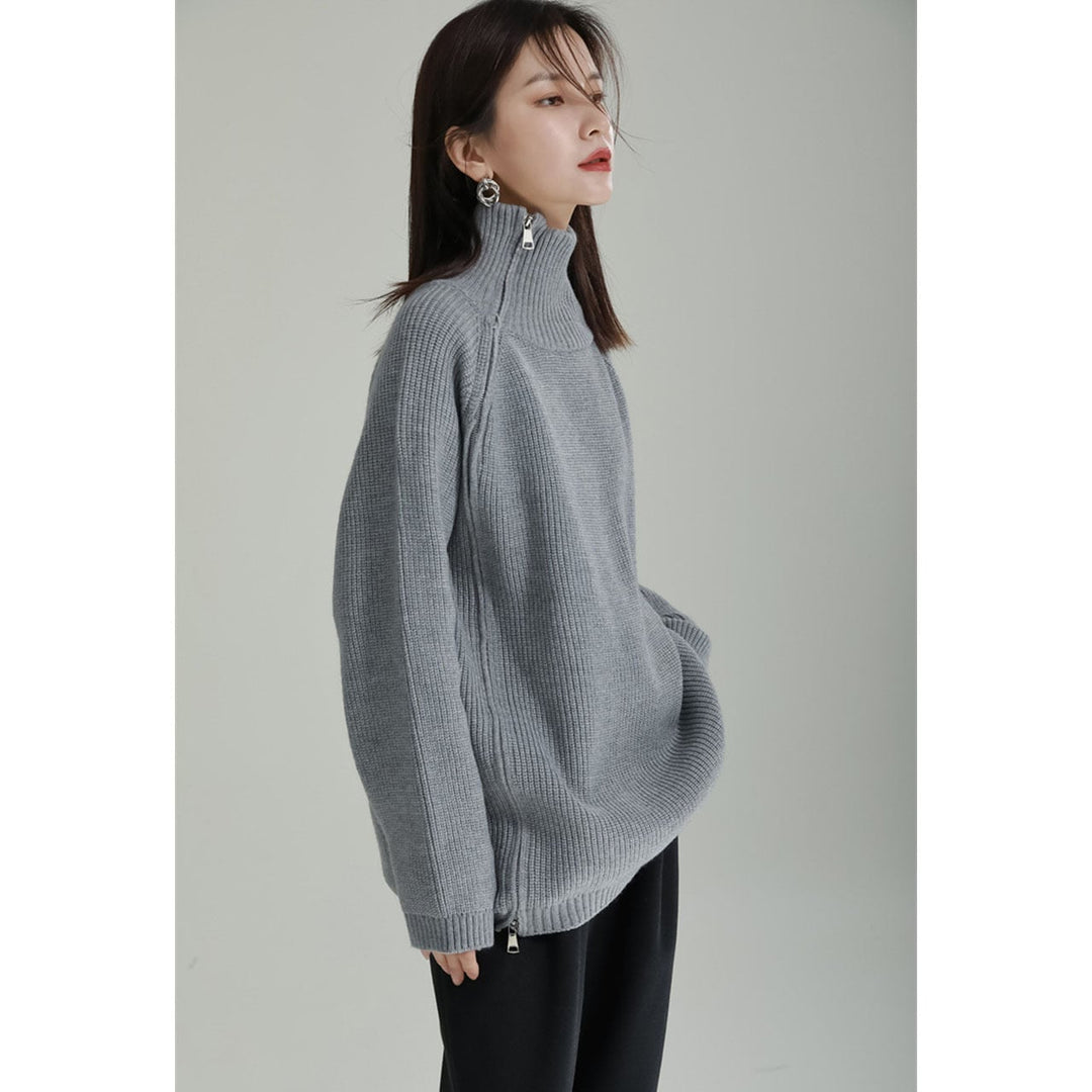 Asymmetry Side Slit Zipper High Neck Knit