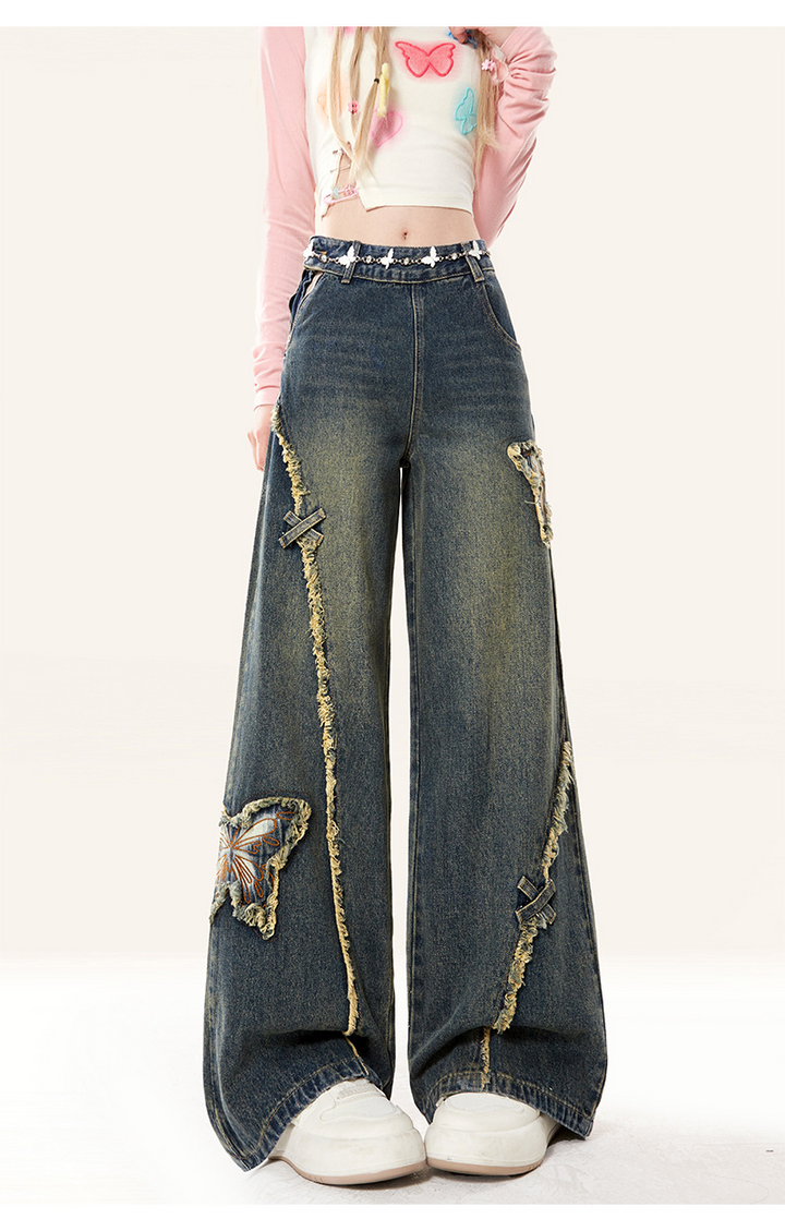 Butterfly Vintage Wide Denim Pants