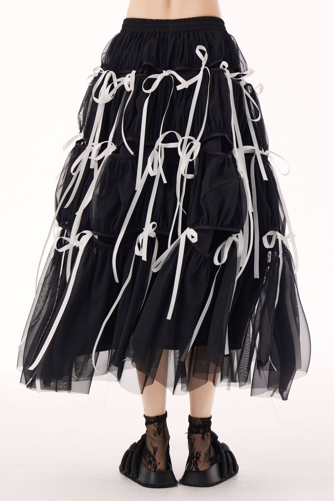 Ribbon stitching long flare gathered tulle skirt