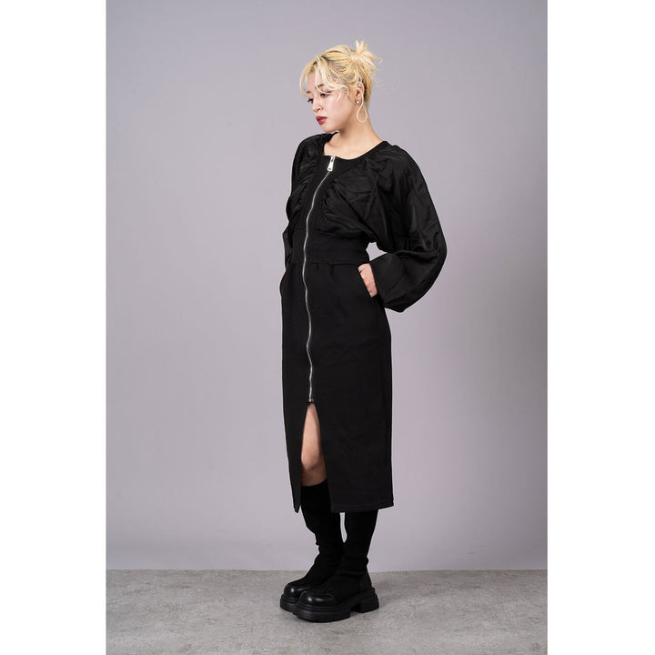 Gathered Sleeve Zipper Tight Onepiece