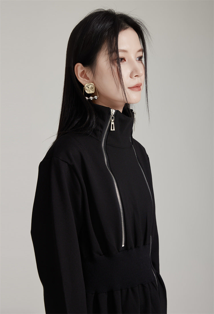 Waist Tightening Zipper Split Mid length Dress