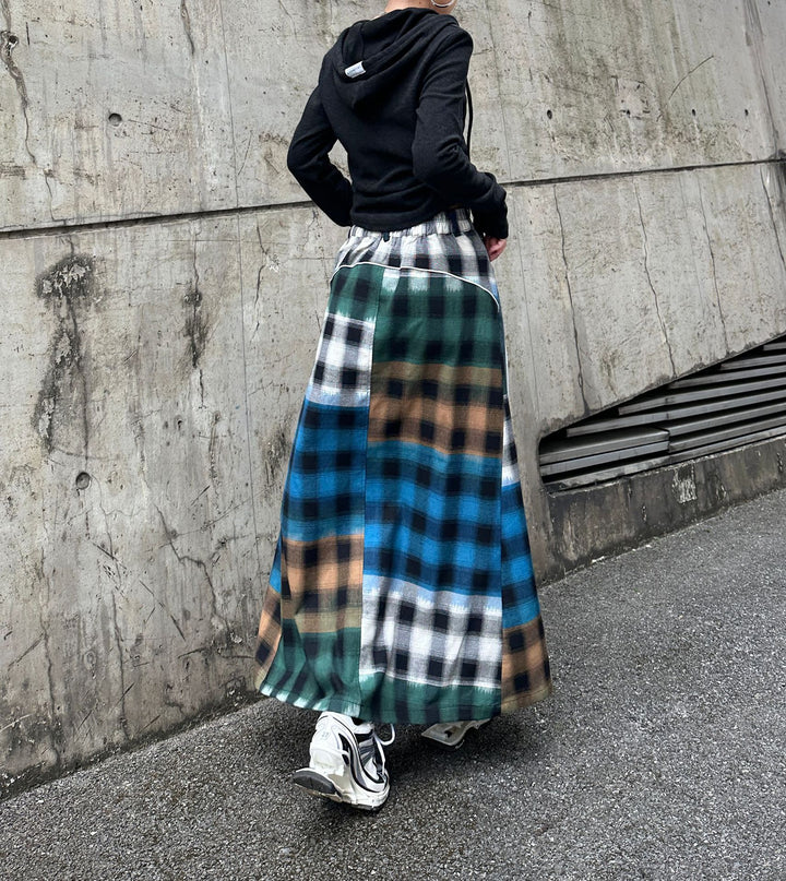 Patchwork plaid high waist A-line denim skirt
