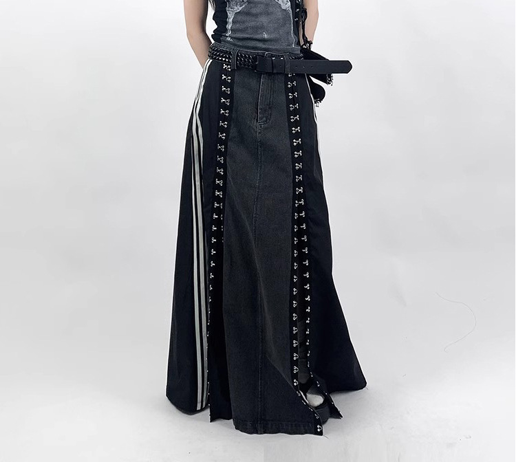 Side line hook denim A-line skirt