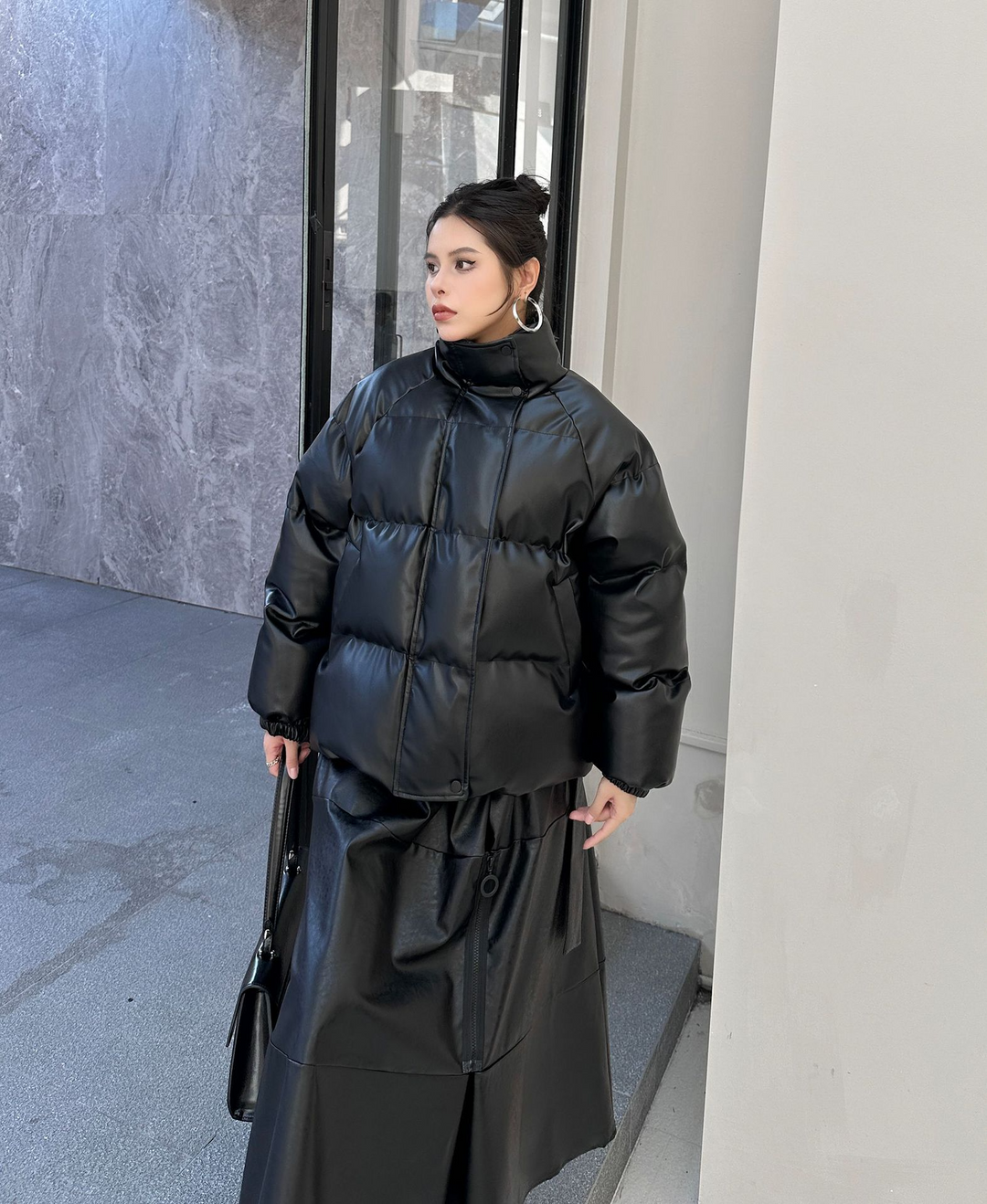 PU leather stand collar padded short volume down jacket